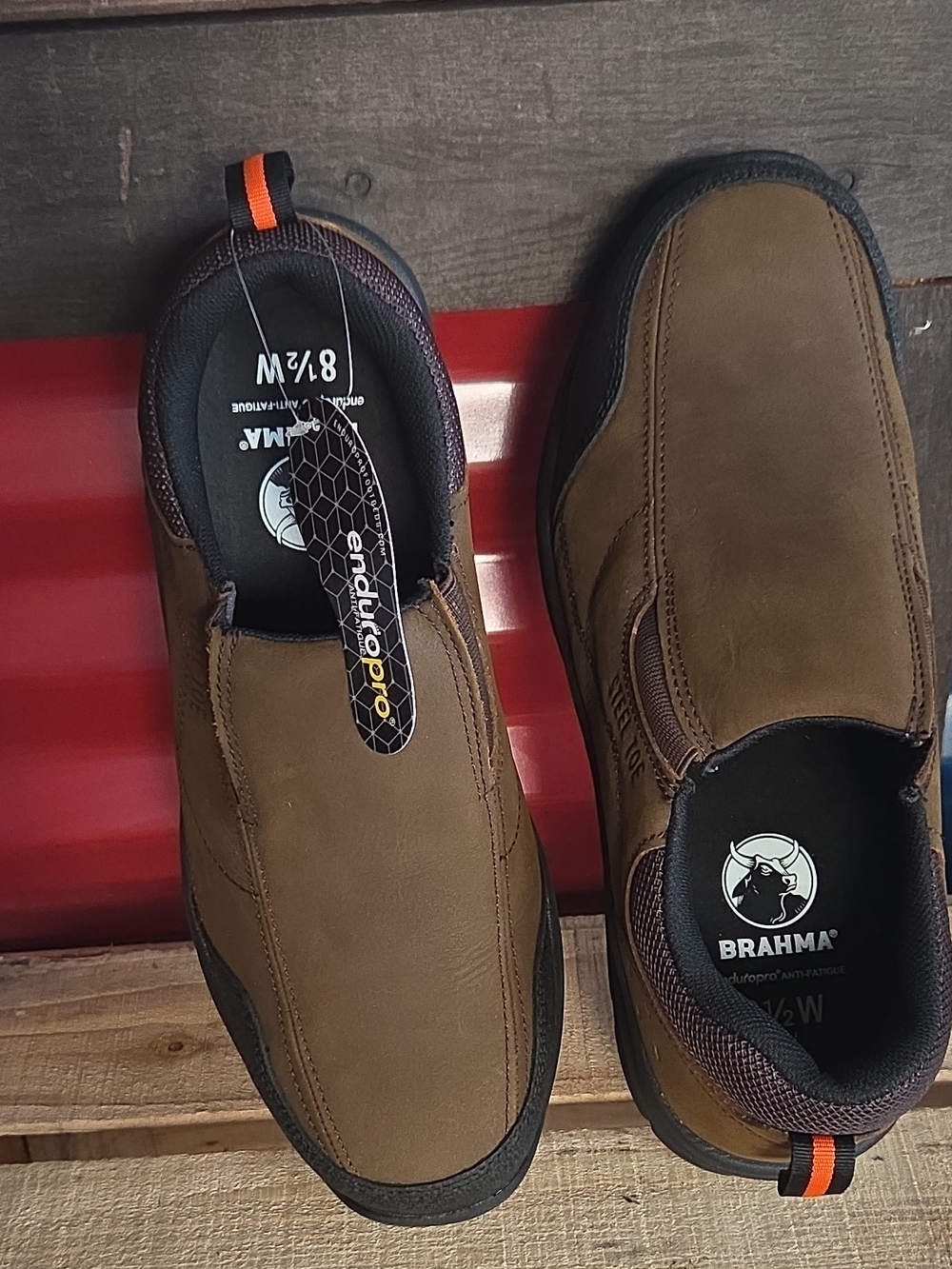 Brahma Brown and Black Slip-On Work Loafers with Orange Pull Tab